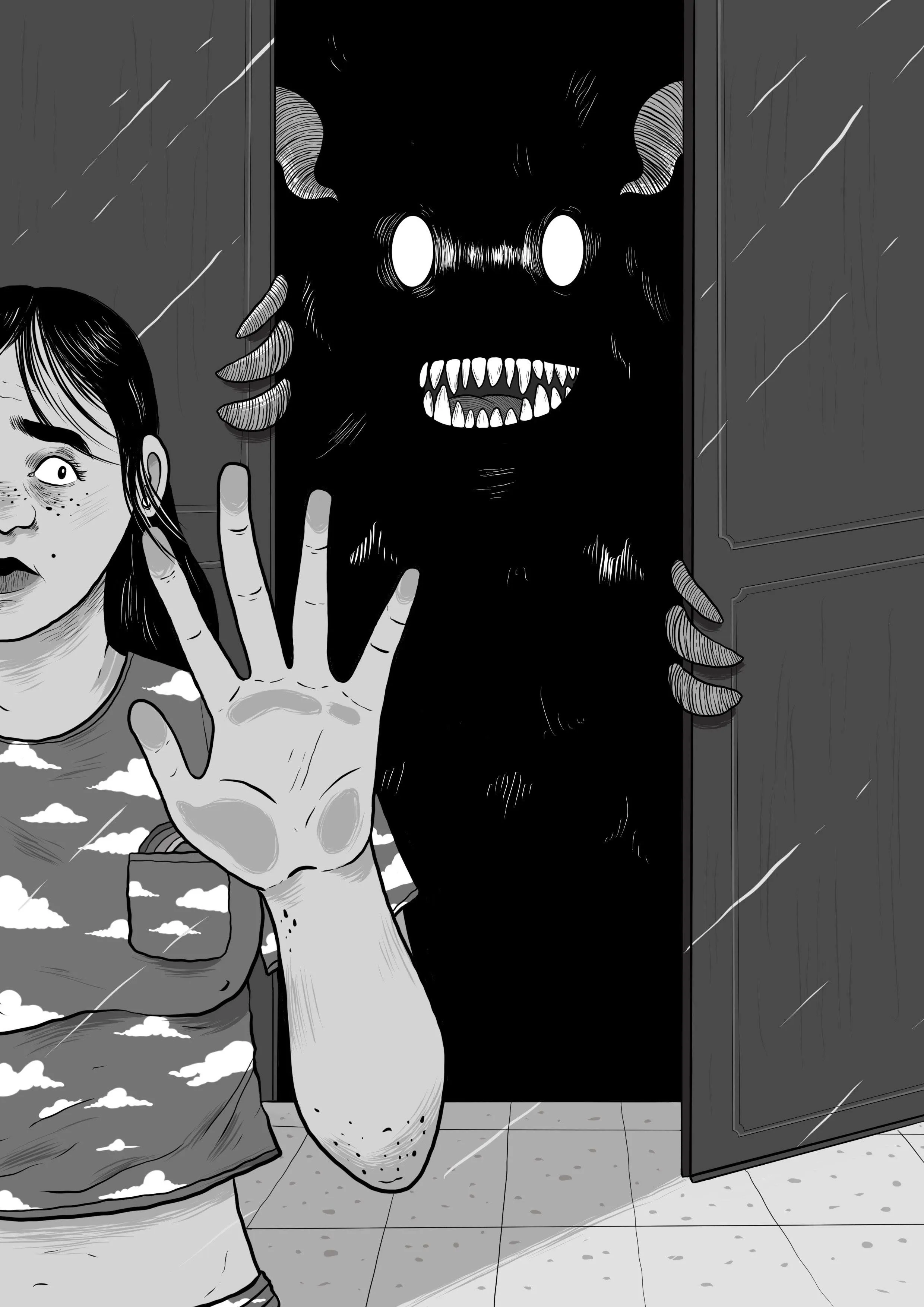 A girl at the window and a monster