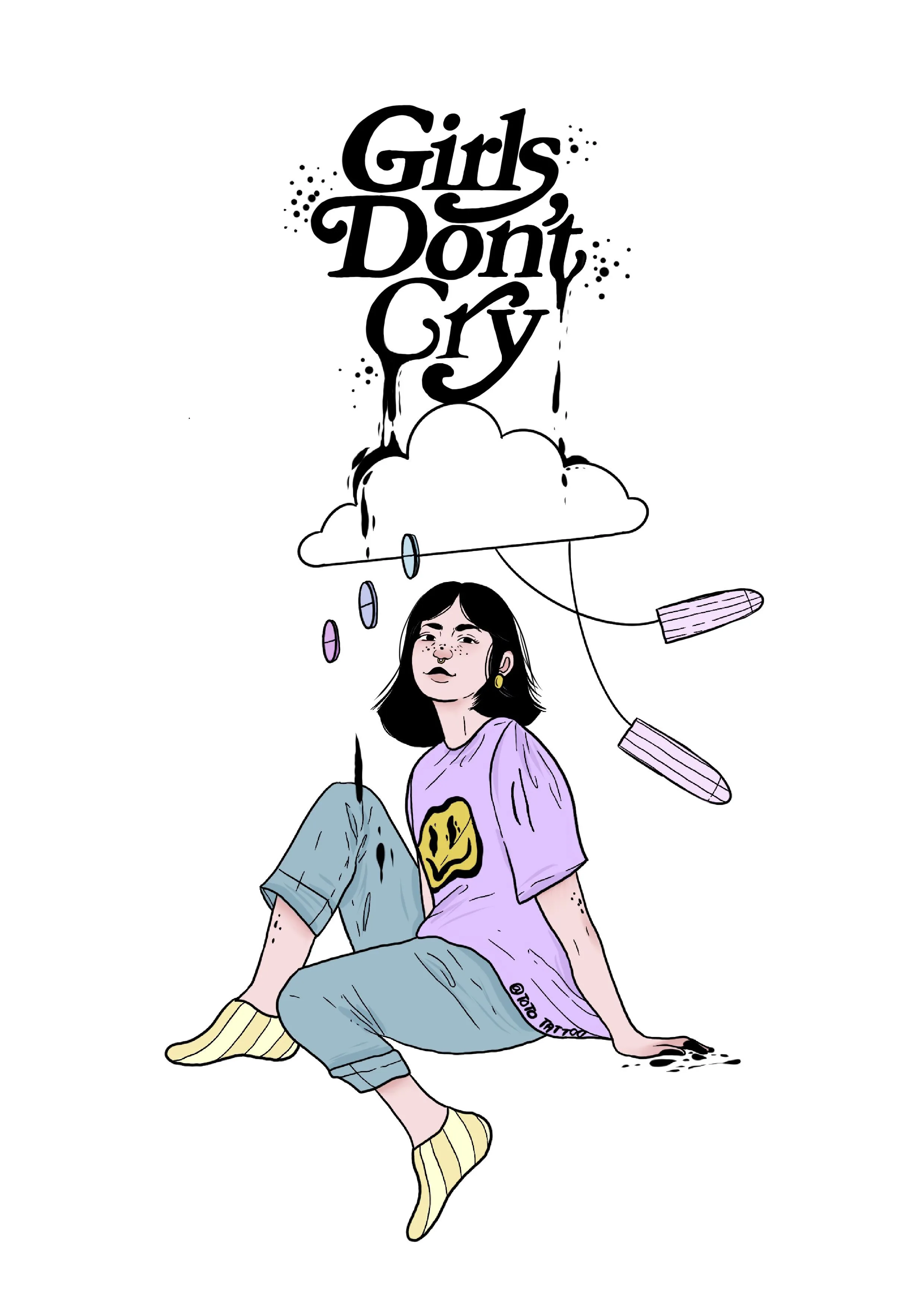 A girl sitting with a cloud and text