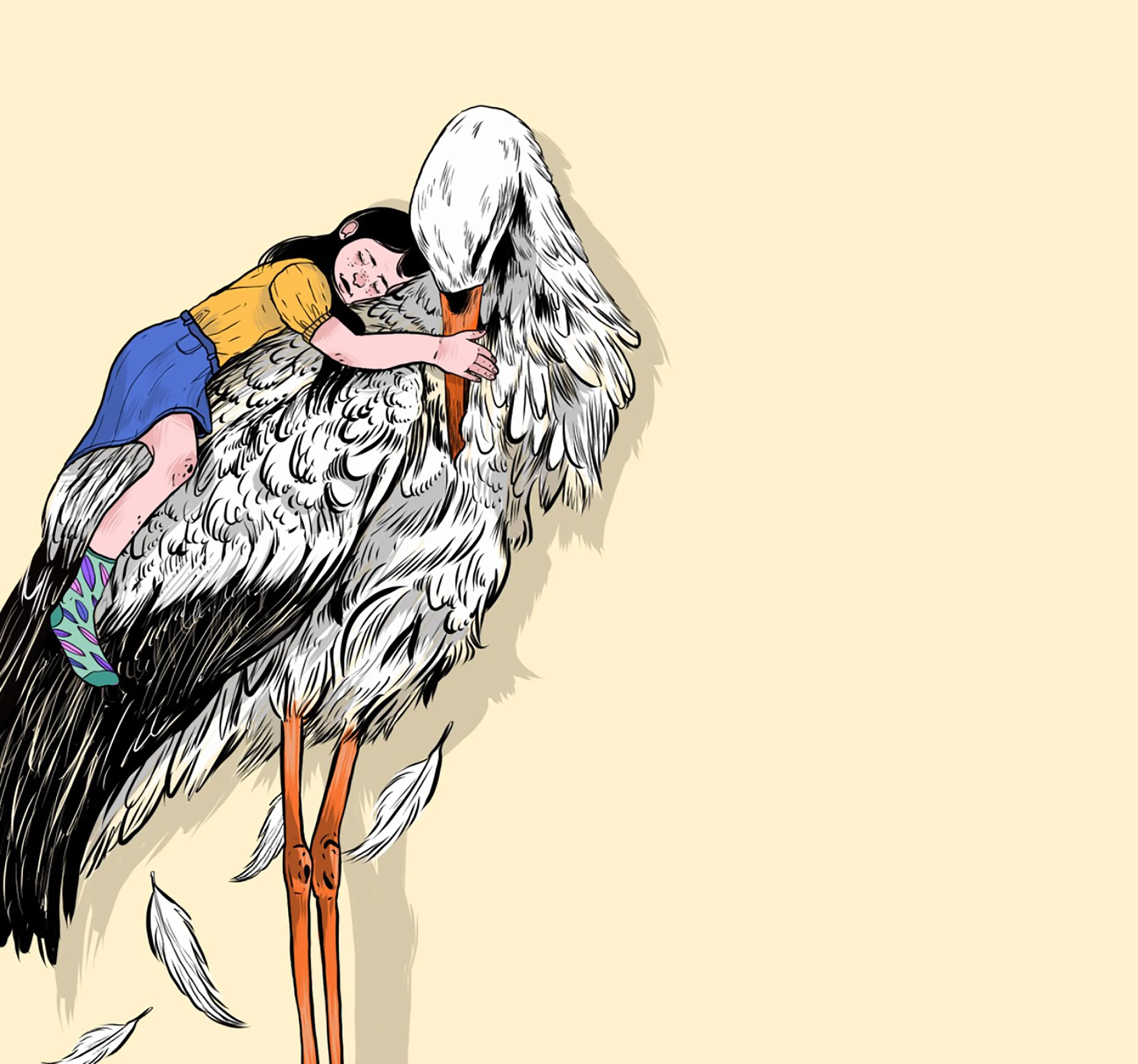 A stork embracing a girl