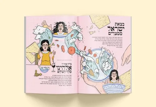 A Haggadah page featuring a woman tearing apart the Red Sea on a plate