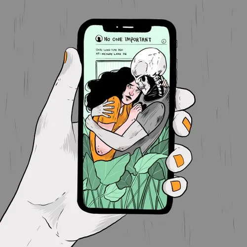 A couple inside a phone screen showing a woman and a skeleton
